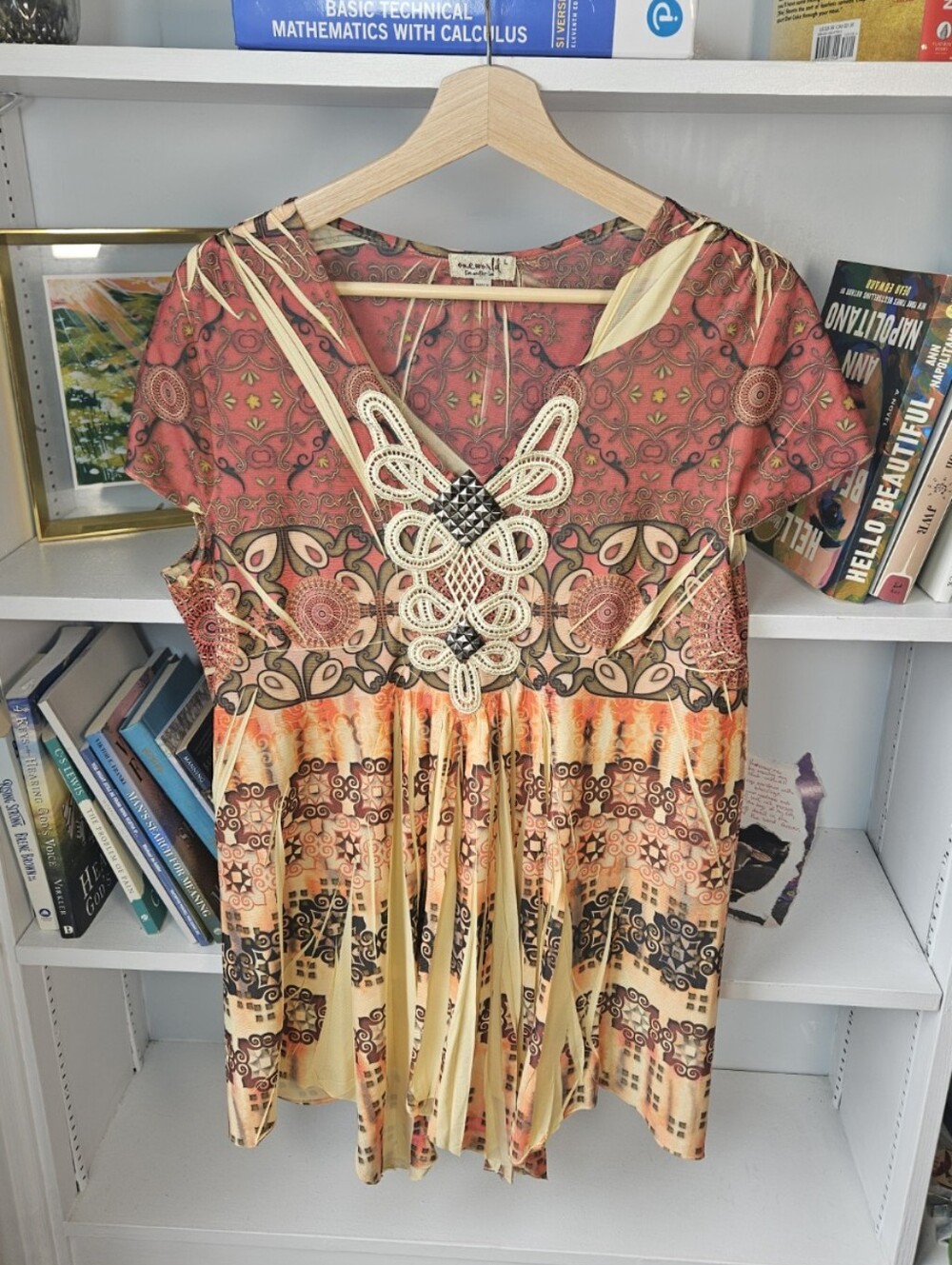 Y2K One World Women's Top Patterned Red Yellow Size Large Fairy Grunge Phoebe